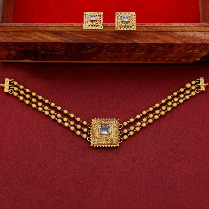 Avarnika 3 Layer Golden Ball Square Pendant Choker With Earring