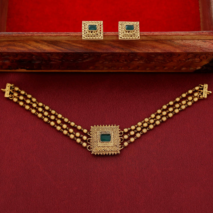 Avarnika 3 Layer Golden Ball Square Pendant Choker With Earring