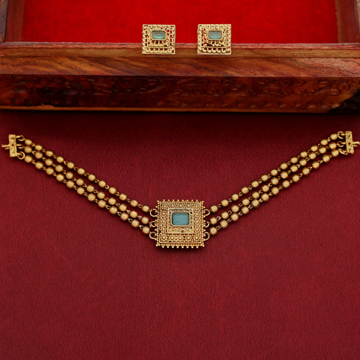 Avarnika 3 Layer Golden Ball Square Pendant Choker With Earring