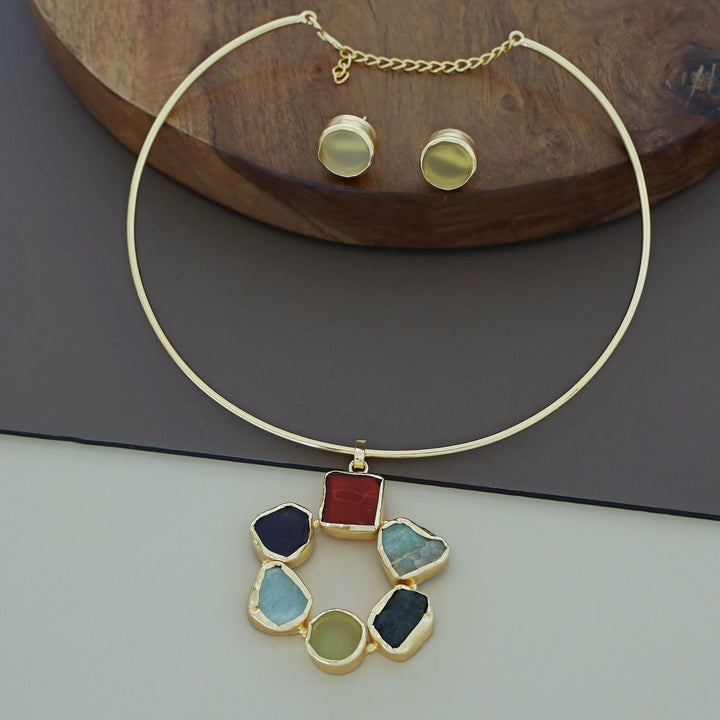 Raw Stone Golden Chakra Neck Cuff With Stud