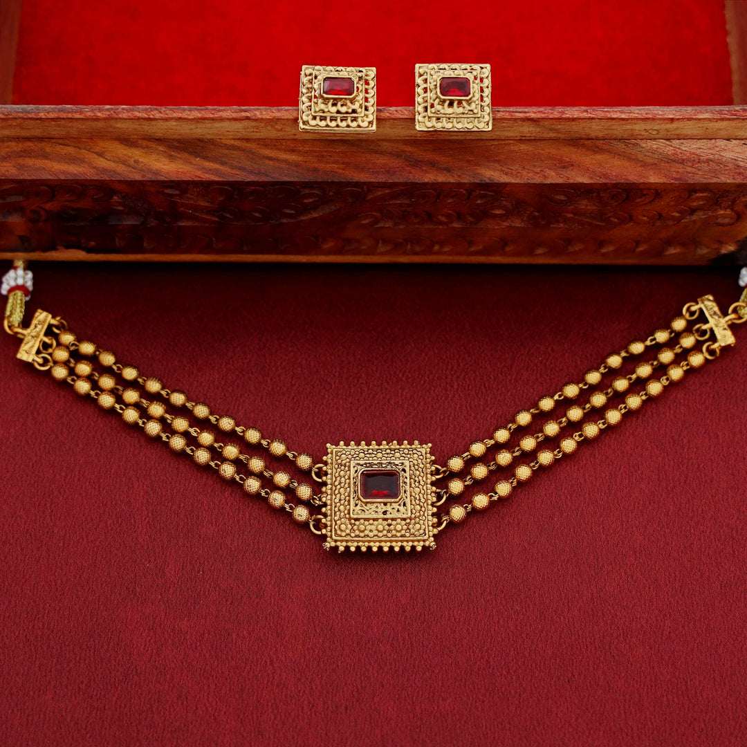 Avarnika 3 Layer Golden Ball Square Pendant Choker With Earring