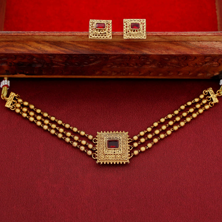 Avarnika 3 Layer Golden Ball Square Pendant Choker With Earring