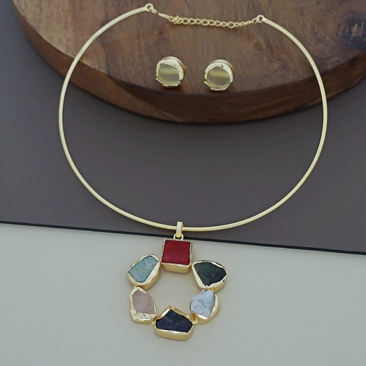 Raw Stone Golden Chakra Neck Cuff With Stud