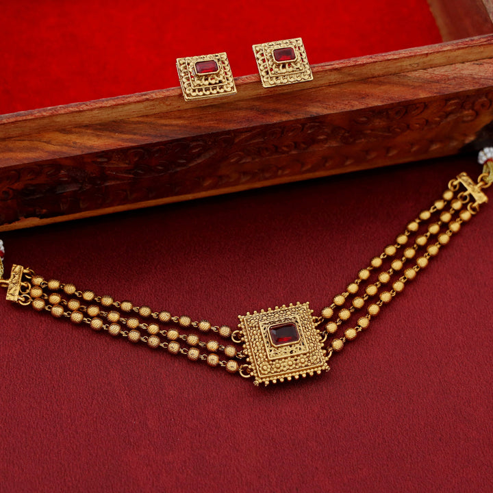 Avarnika 3 Layer Golden Ball Square Pendant Choker With Earring