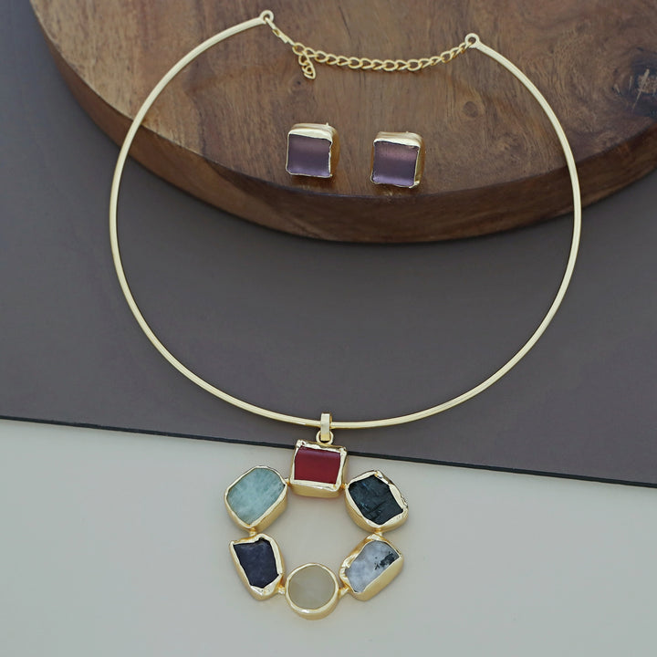 Raw Stone Golden Chakra Neck Cuff With Stud