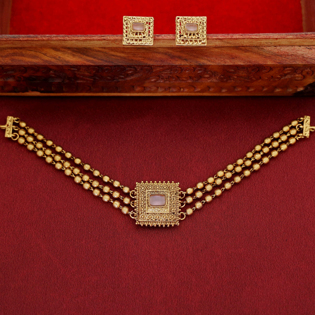 Avarnika 3 Layer Golden Ball Square Pendant Choker With Earring