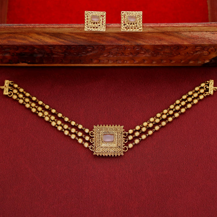 Avarnika 3 Layer Golden Ball Square Pendant Choker With Earring