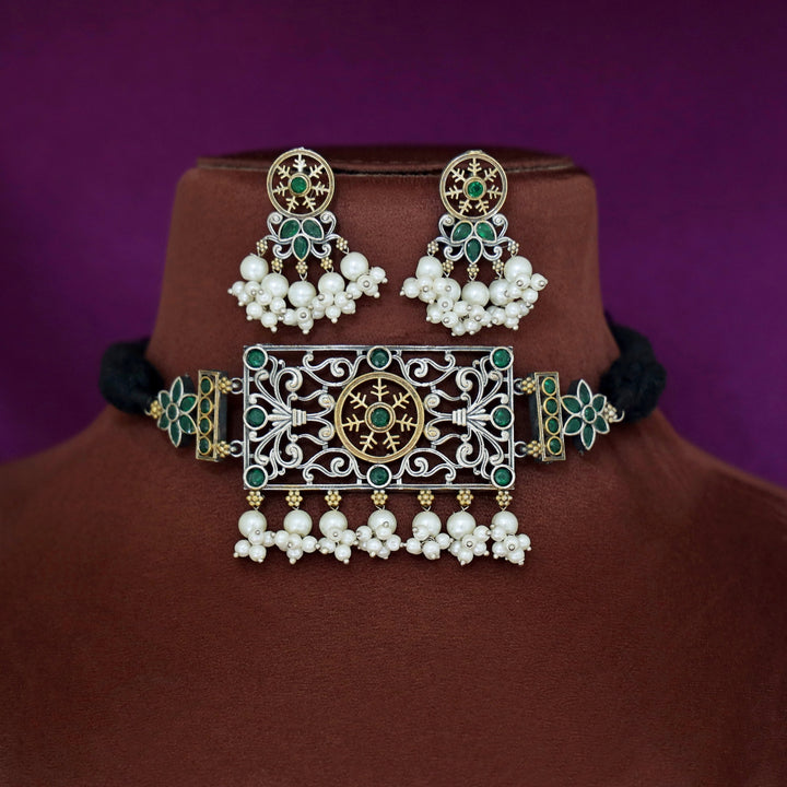 Xenia Rectangle Flower Pearl Choker With Earring