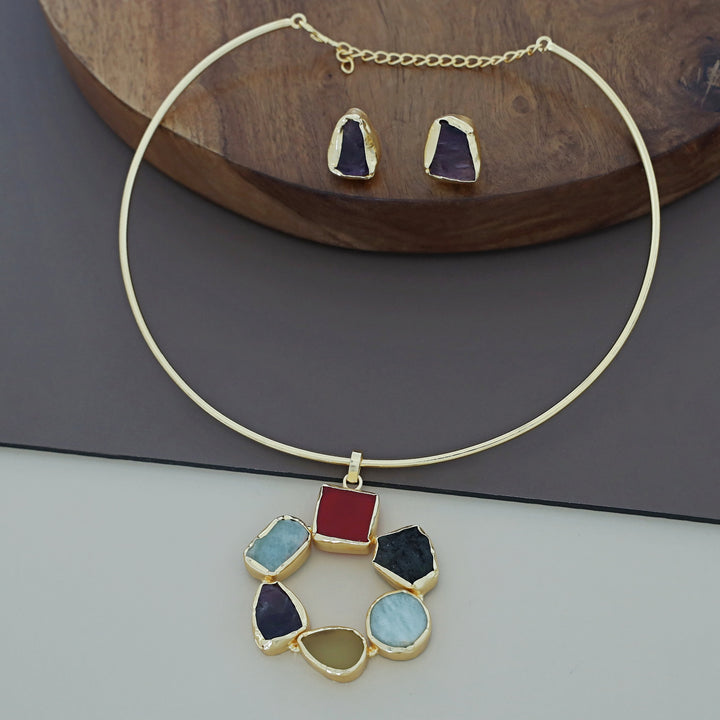 Raw Stone Golden Chakra Neck Cuff With Stud