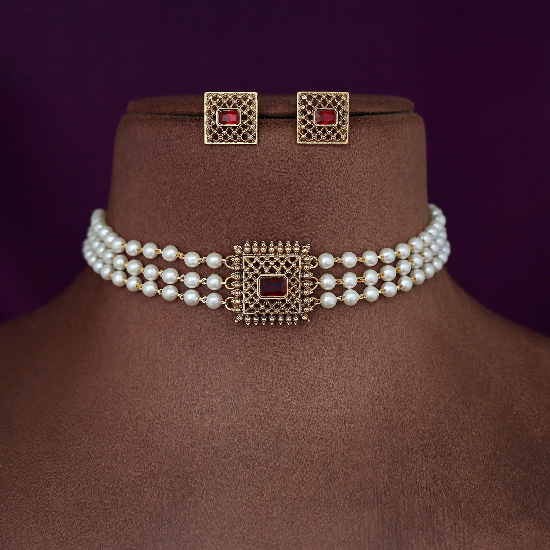 Avarnika 3 Layer Pearl Square Pendant Choker With Earring