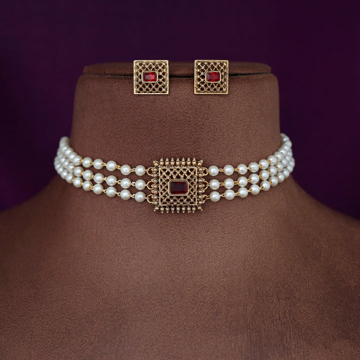 Avarnika 3 Layer Pearl Square Pendant Choker With Earring