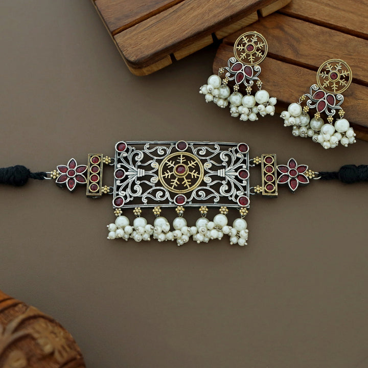 Xenia Rectangle Flower Pearl Choker With Earring