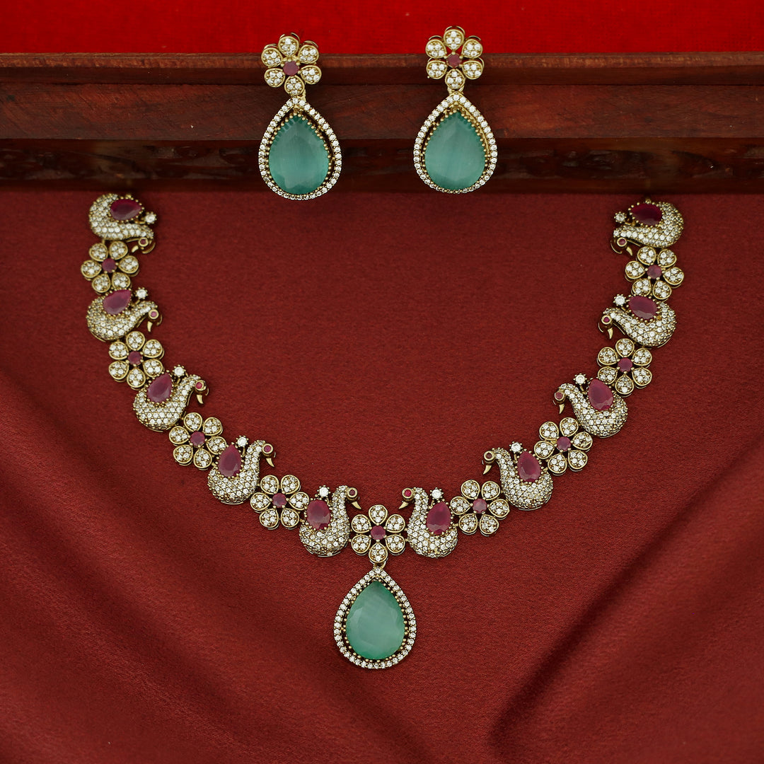 Premium Shanaya AD Stone Glossy Swan Drop Short Neckpiece With Earring