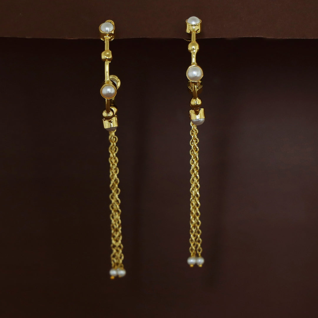 Golden Tetra Pearl Hanging Tri Chainy Hoop Earring