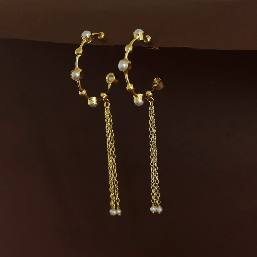 Golden Tetra Pearl Hanging Tri Chainy Hoop Earring