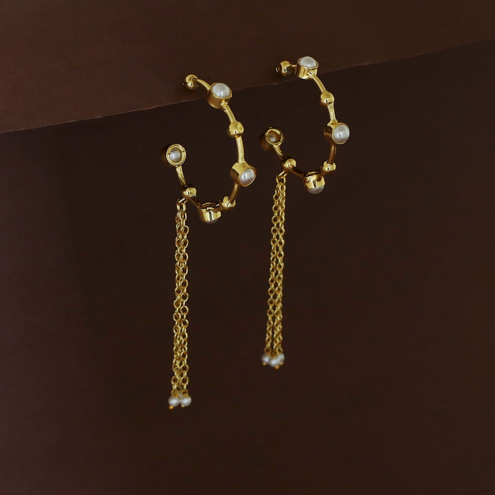 Golden Tetra Pearl Hanging Tri Chainy Hoop Earring