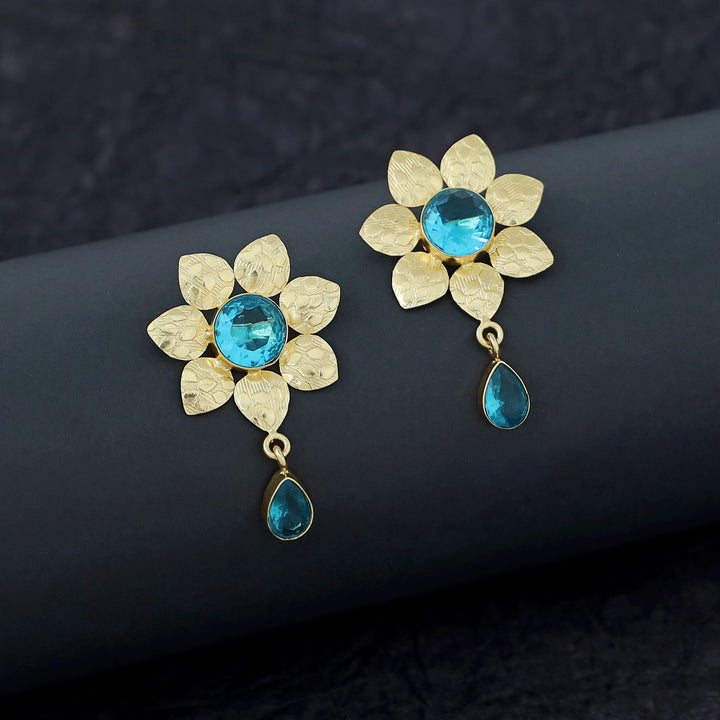 Gloriya Golden Textured Glossy Stone Flower Earring