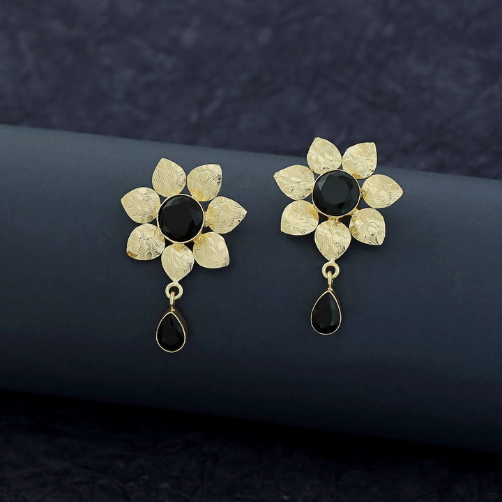 Gloriya Golden Textured Glossy Stone Flower Earring