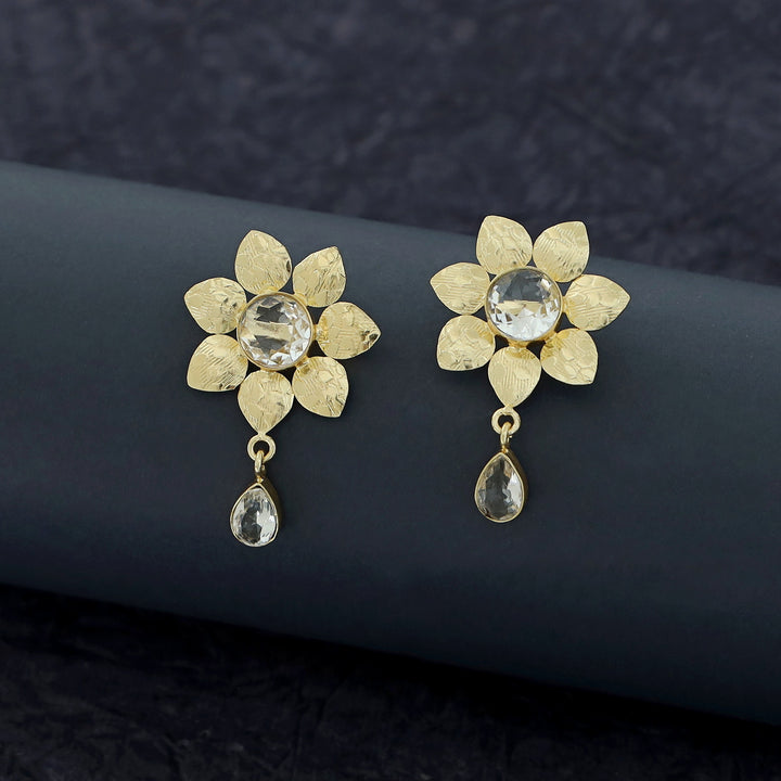Gloriya Golden Textured Glossy Stone Flower Earring
