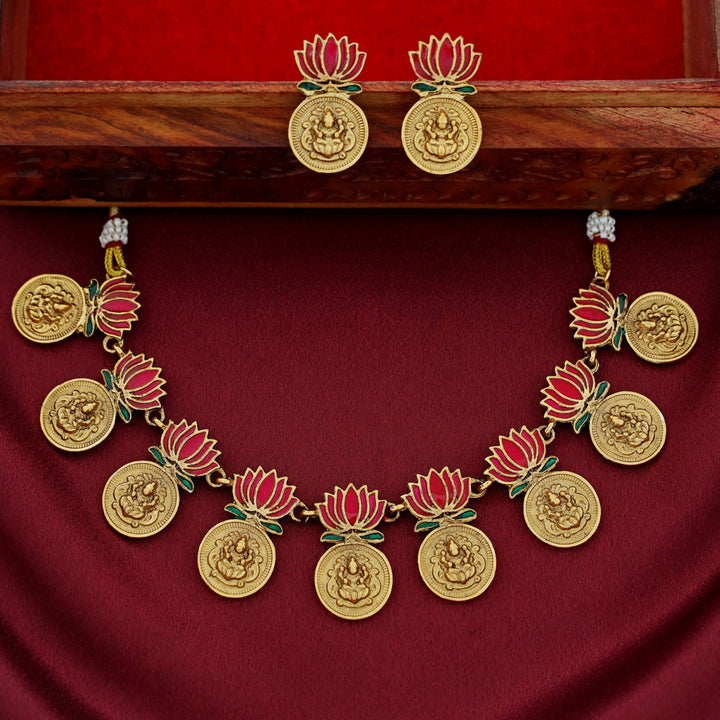 Advaita Kashi Enamel Lotus Neckpiece With Earring
