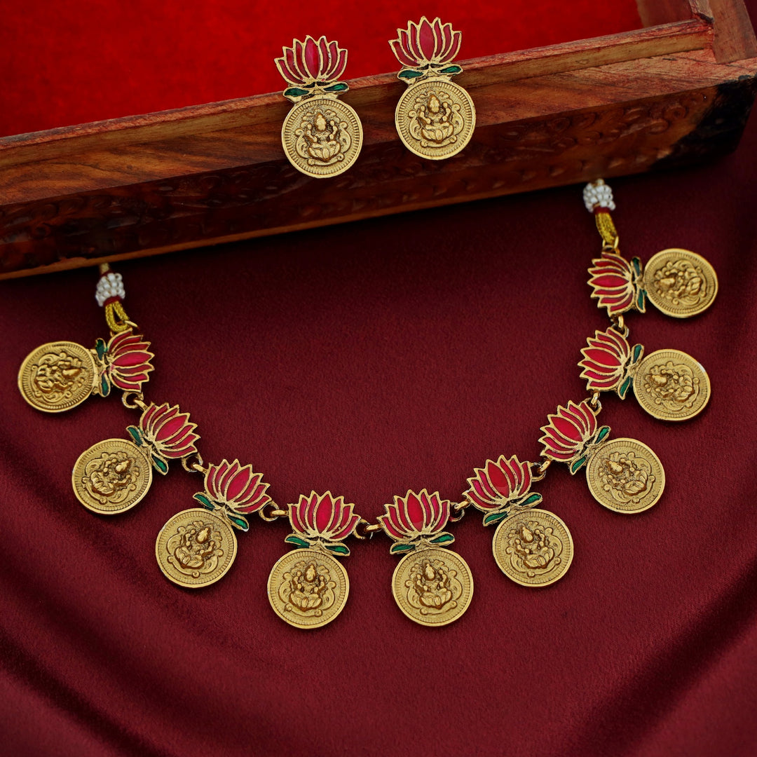 Advaita Kashi Enamel Lotus Neckpiece With Earring