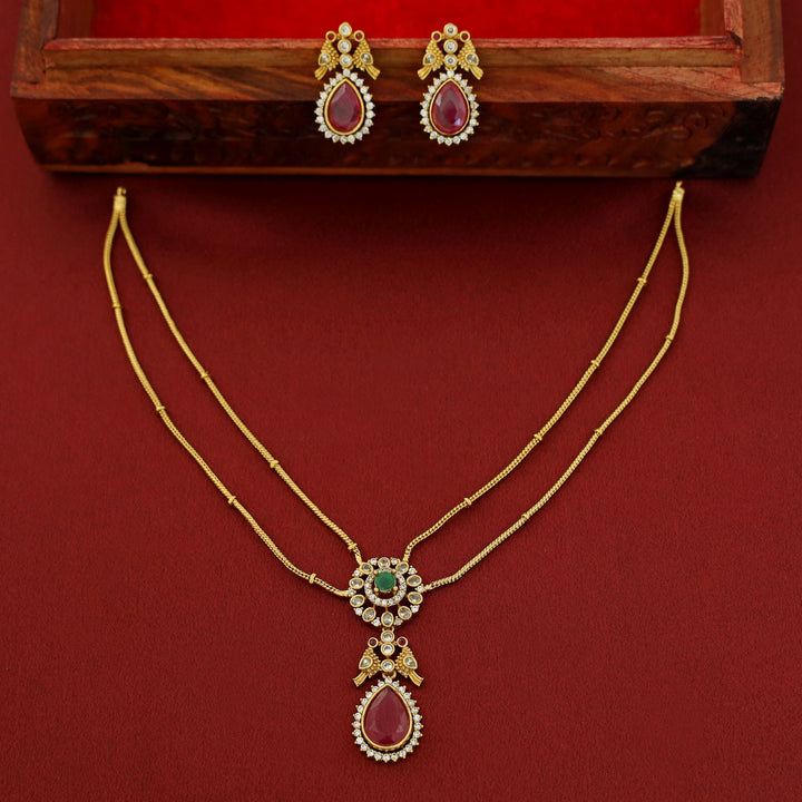 Rishita Two Layer Floral Bird AD Stone Neckpiece With Earring