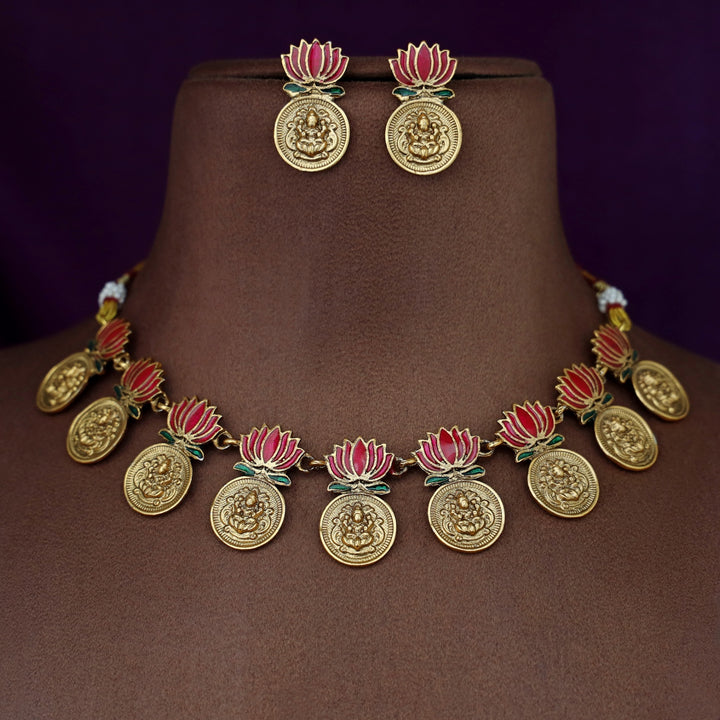 Advaita Kashi Enamel Lotus Neckpiece With Earring