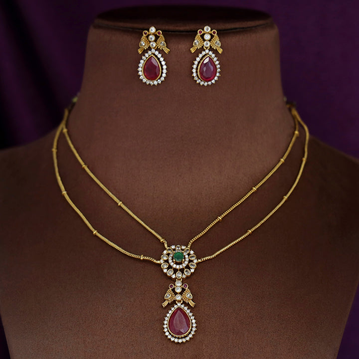 Rishita Two Layer Floral Bird AD Stone Neckpiece With Earring