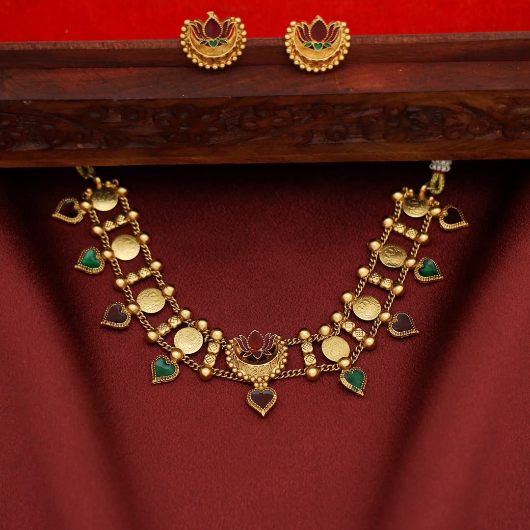 Ruhini 2 Layer Kashi Enamel Lotus Choker with Earring