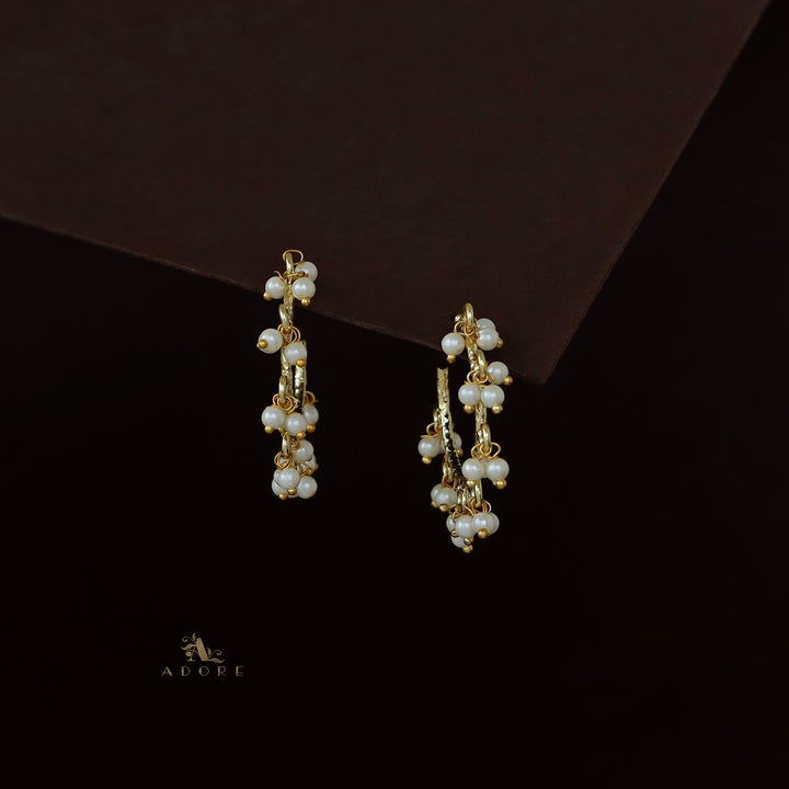 Golden Hammered Pearl Cluster Hoop Earring