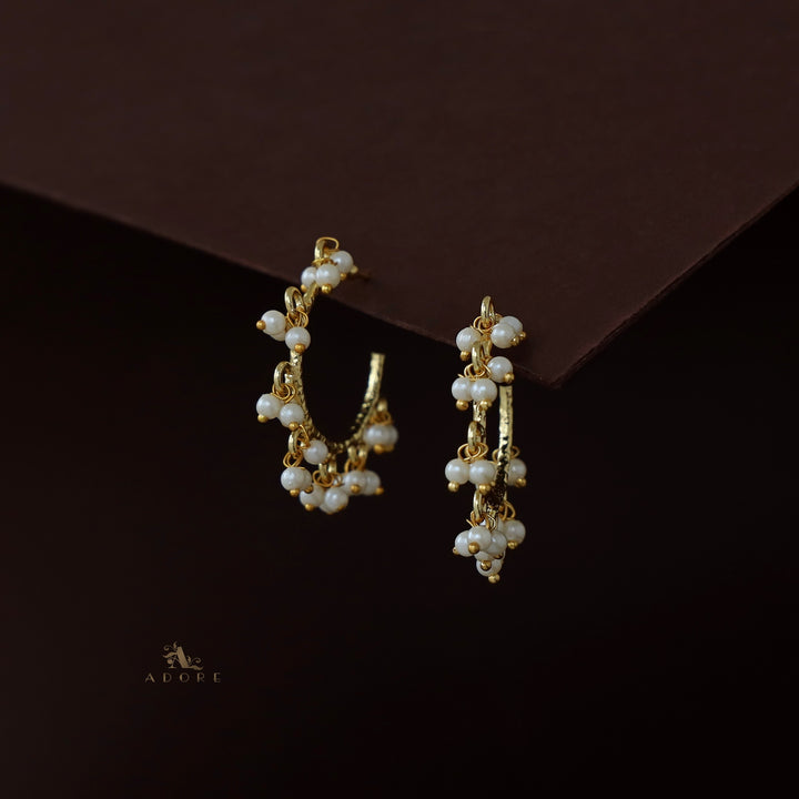 Golden Hammered Pearl Cluster Hoop Earring