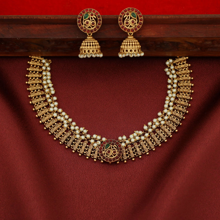 Shanavi Golden Mayura Pearl Short Neckpiece with Earring