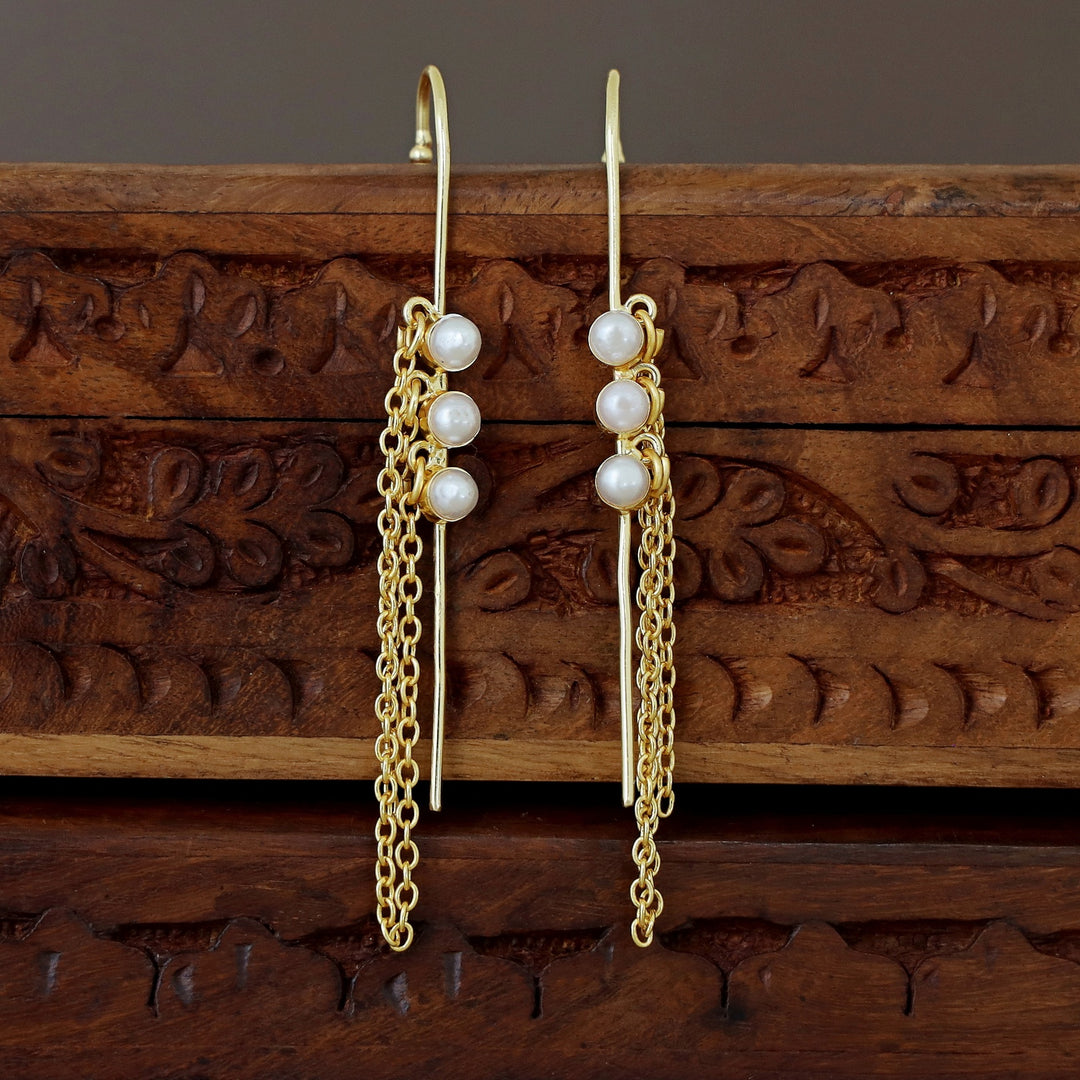 Mehul Golden Tri Pearl Chain Hanging Ear-Cuff (Set Of 2)