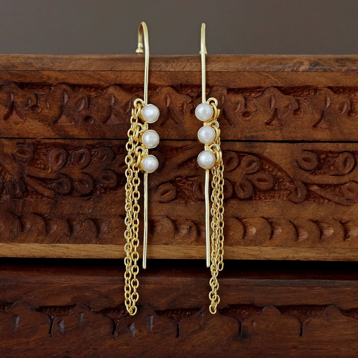 Mehul Golden Tri Pearl Chain Hanging Ear-Cuff (Set Of 2)