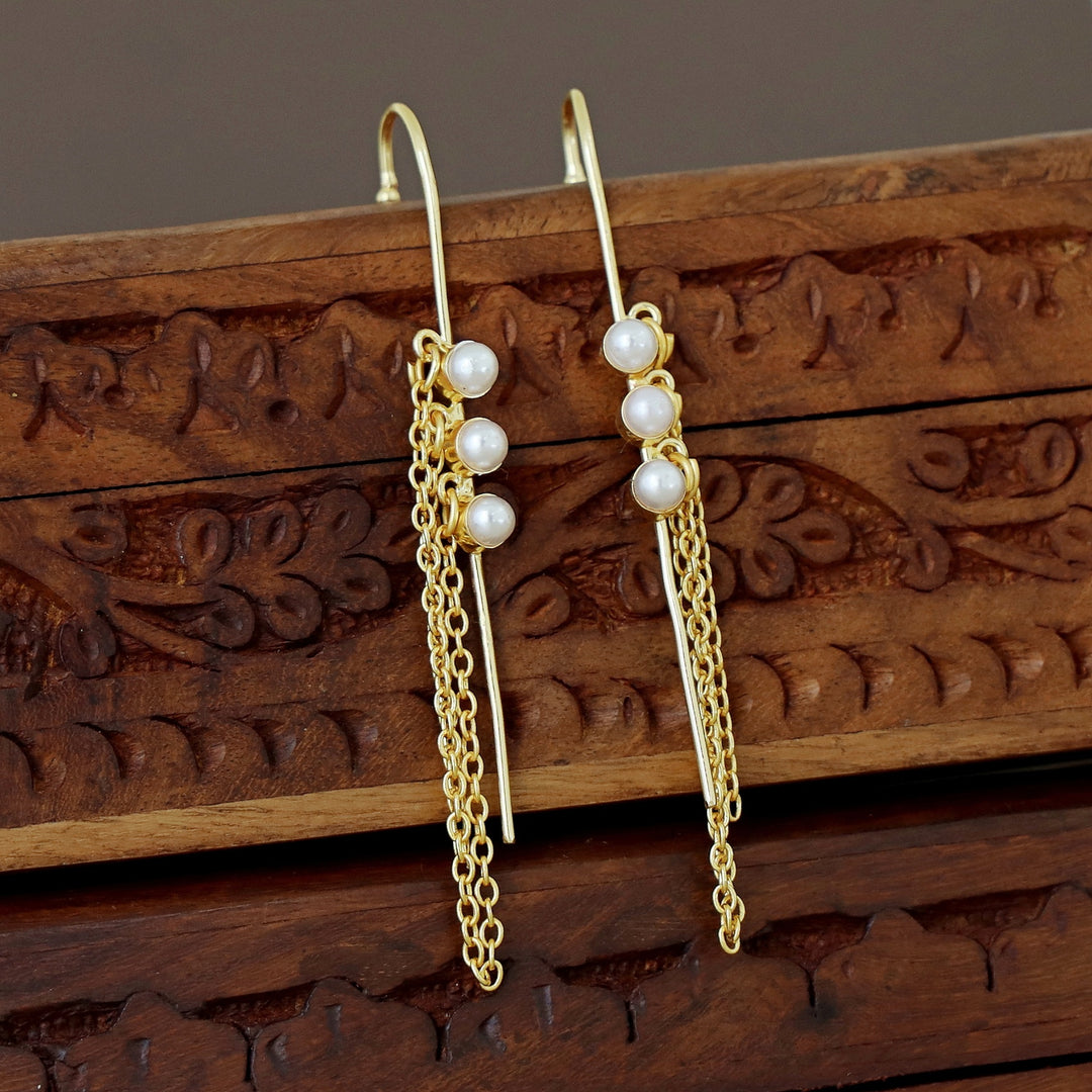 Mehul Golden Tri Pearl Chain Hanging Ear-Cuff (Set Of 2)