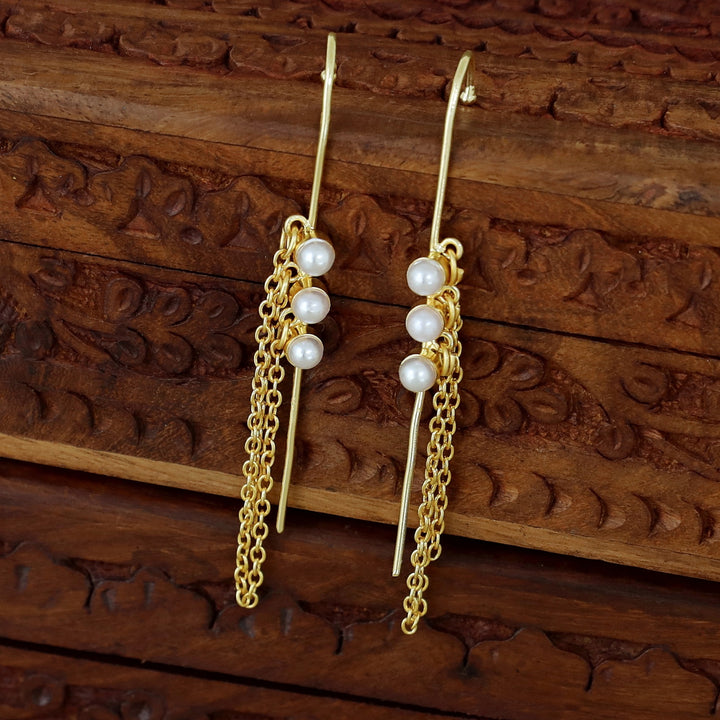 Mehul Golden Tri Pearl Chain Hanging Ear-Cuff (Set Of 2)
