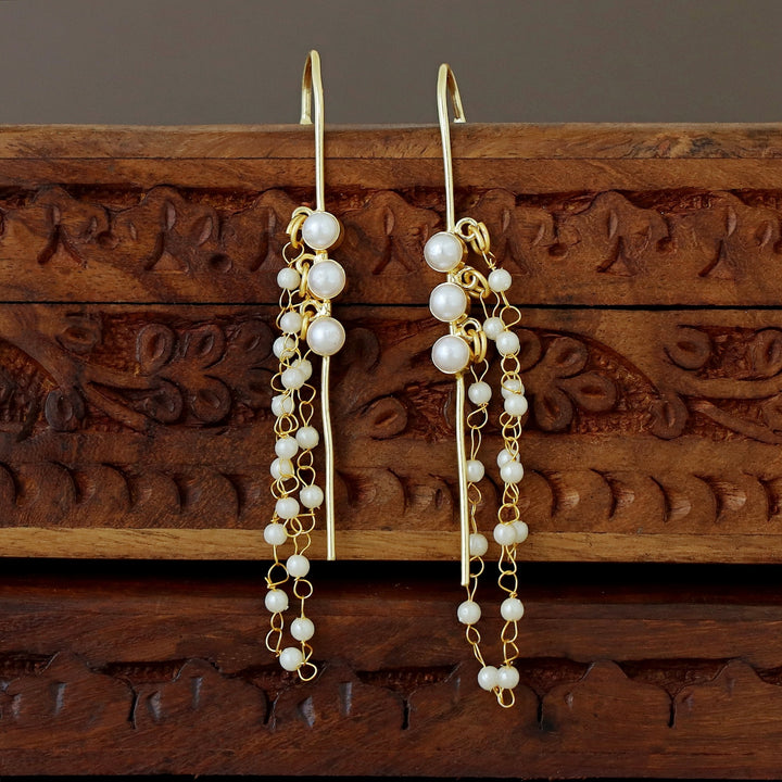 Mehul Golden Tri Pearl Chain Hanging Ear-Cuff (Set Of 2)