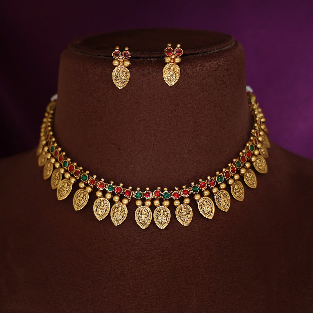 Neesha Devi Drop Golden Ball Short Neckpiece With Earring