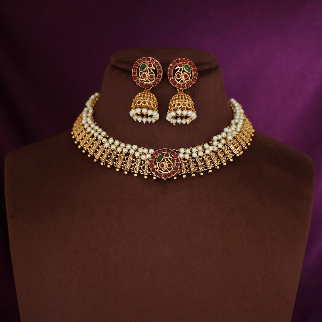 Shanavi Golden Mayura Pearl Short Neckpiece with Earring