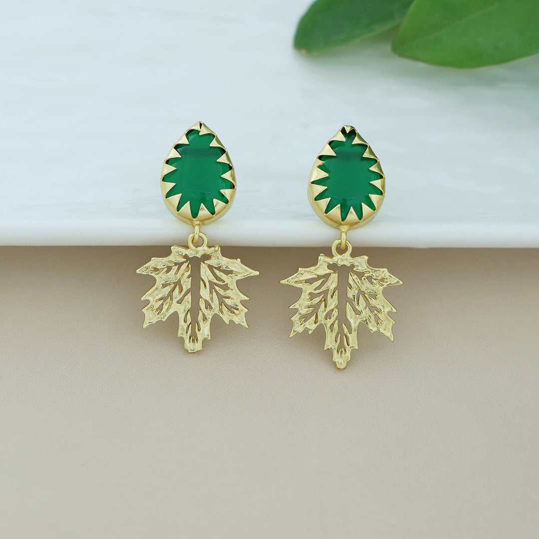 Golden Maple Leaf Dew Drop Glossy Stone Earring