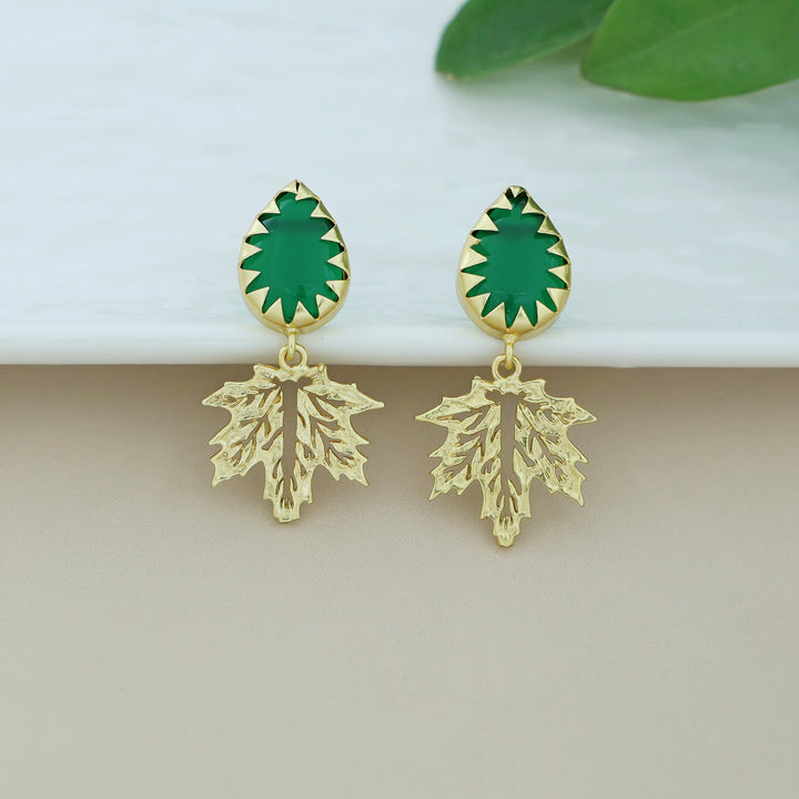 Golden Maple Leaf Dew Drop Glossy Stone Earring