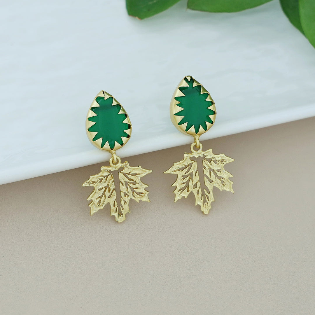 Golden Maple Leaf Dew Drop Glossy Stone Earring