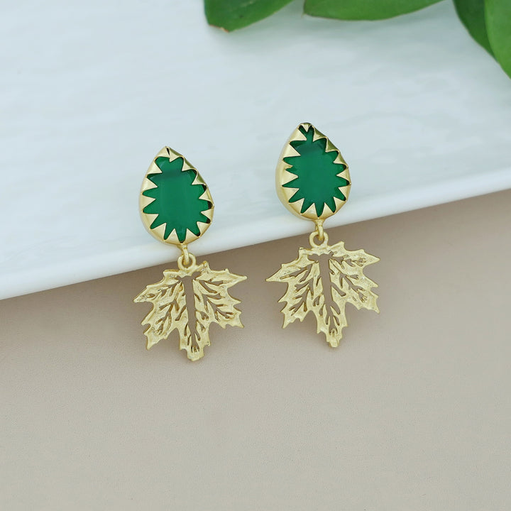 Golden Maple Leaf Dew Drop Glossy Stone Earring
