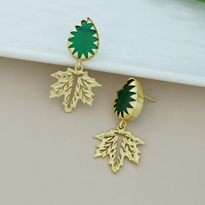 Golden Maple Leaf Dew Drop Glossy Stone Earring