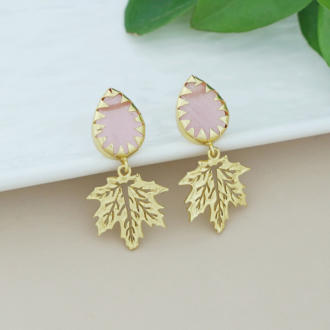 Golden Maple Leaf Dew Drop Glossy Stone Earring