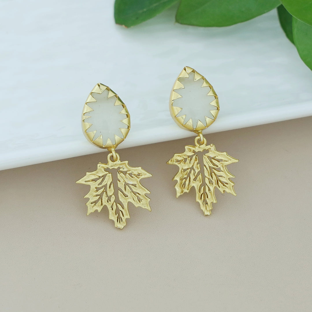 Golden Maple Leaf Dew Drop Glossy Stone Earring