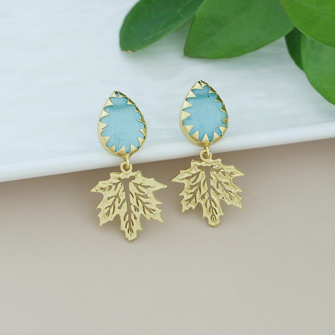 Golden Maple Leaf Dew Drop Glossy Stone Earring