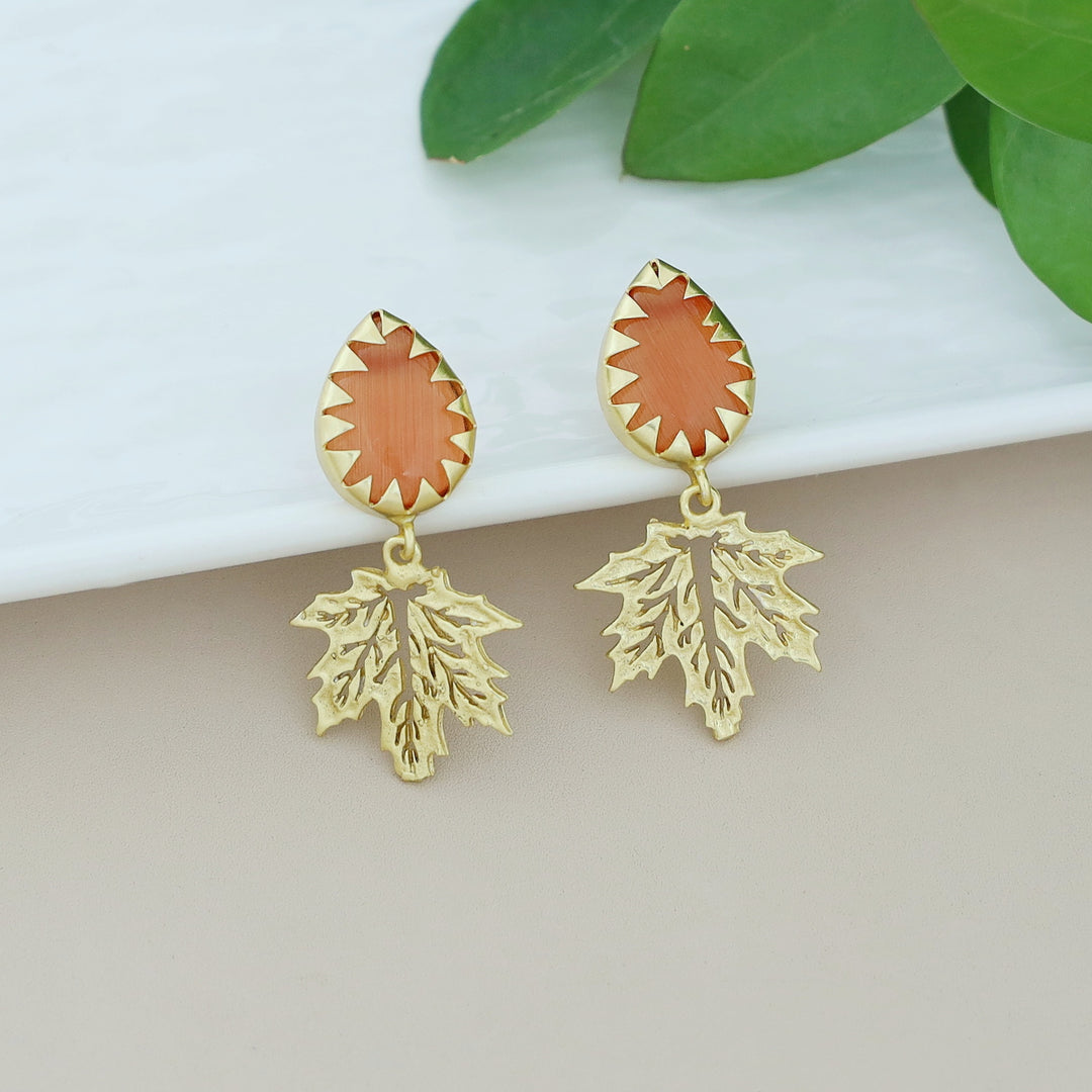 Golden Maple Leaf Dew Drop Glossy Stone Earring