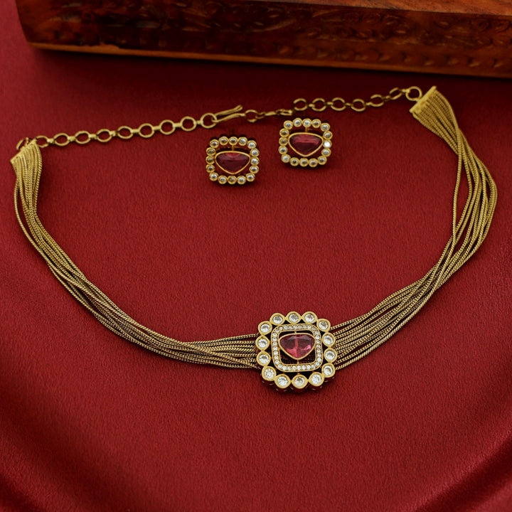 Vasundhara AD Stone Layered Glossy Choker With Earring