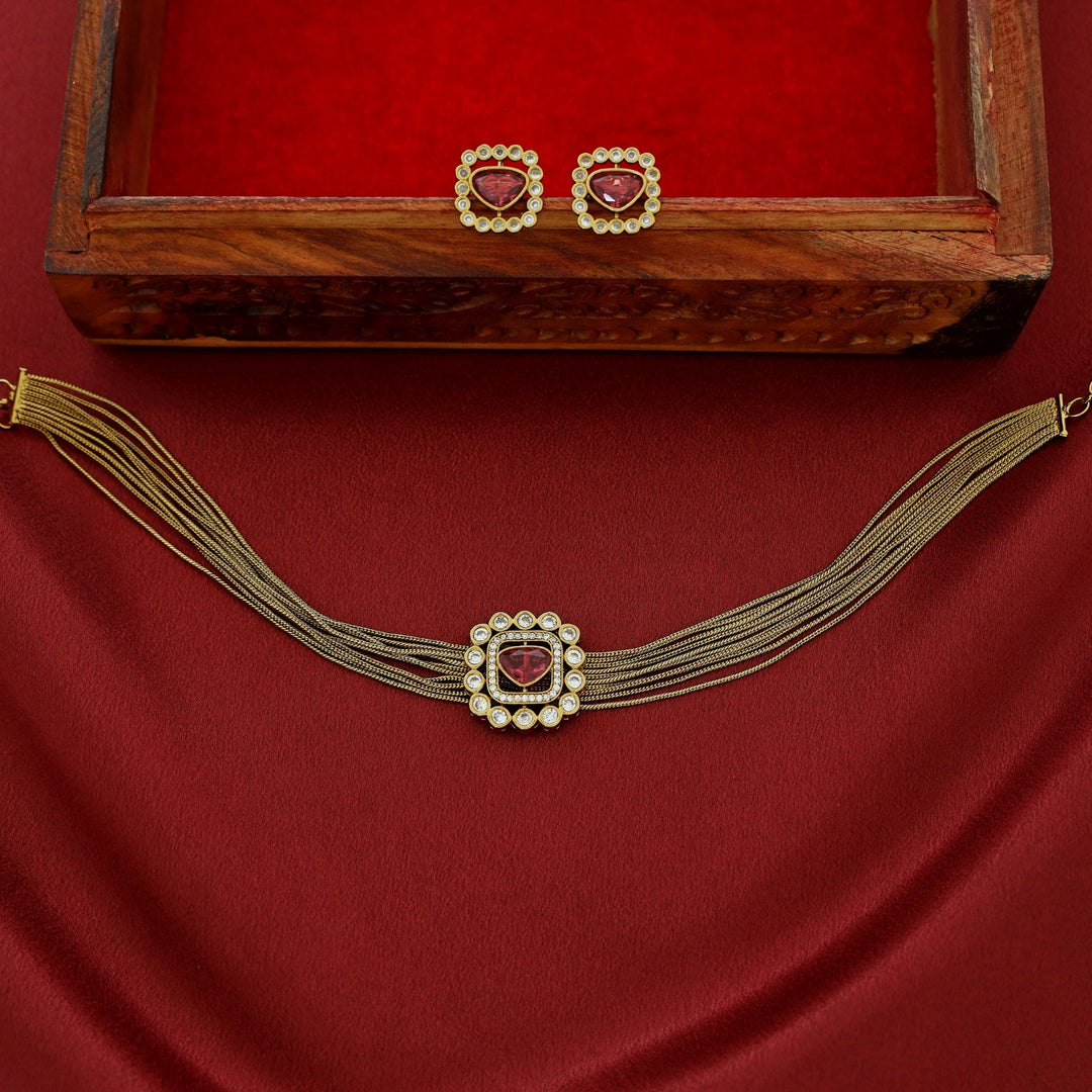 Vasundhara AD Stone Layered Glossy Choker With Earring